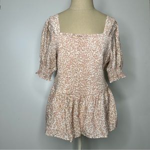 NINE WEST Ruched Stretch Peplum Top Blouse Animal Print Size XL
